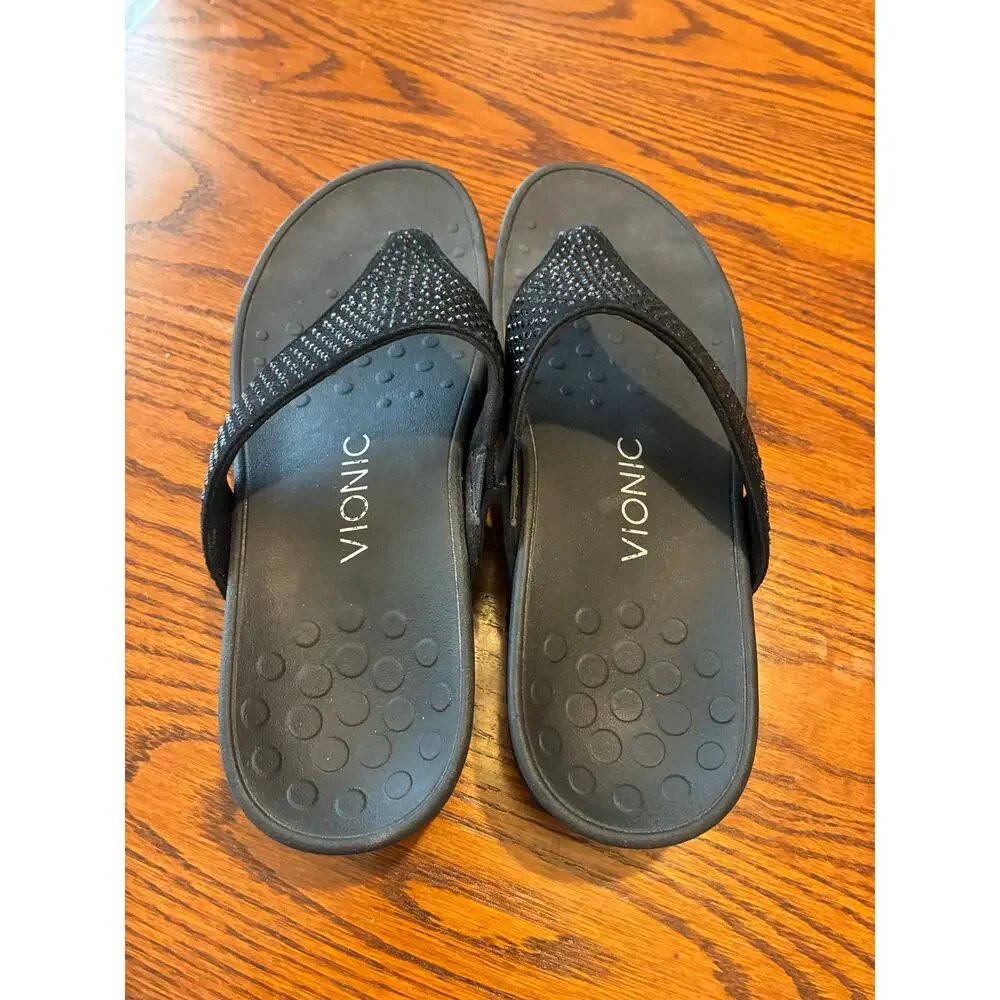 Vionic Naples Flip Flops Wedge Comfort Black Size 7